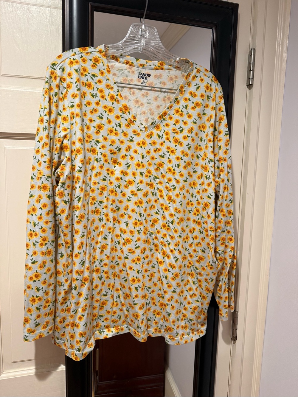Lands' End White V-Neck Long Sleeve Top with Yellow Sunflower Pattern